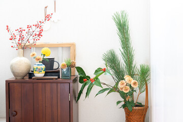 お正月の花,年賀状,日本