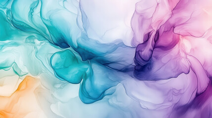 A vibrant abstract background, a texture resembling flowing watercolor clouds, blending cool tones of teal