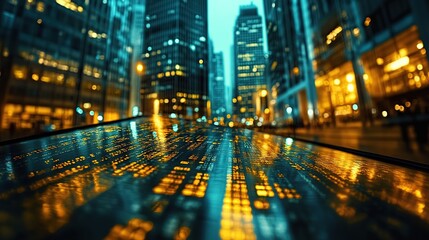 Night city street reflecting financial data on ground.