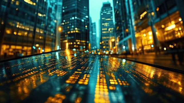 Fototapeta Night city street reflecting financial data on ground.