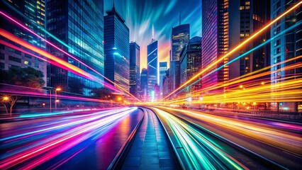 Fototapeta premium Colorful Light Speed Motion: Neon Streaks & Glowing Lights - Rule of Thirds Composition