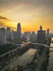 Drone Aerial View of Jakarta Cityscape Just Before Sunset