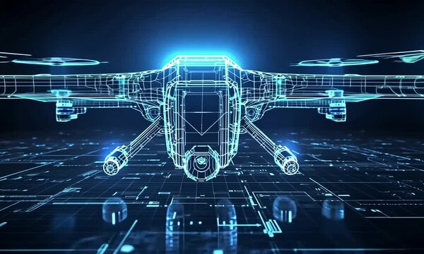 A futuristic drone design rendered in a blue wireframe style.