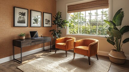 Fototapeta premium Sunlit home office with dark wood desk, orange chairs, and tropical prints.