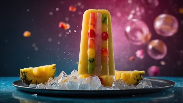 A colorful popsicle displayed on ice with pineapple slices, evoking a refreshing summer treat.