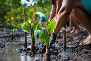 Volunteers planting young mangrove seedlings in muddy coastal wetlands.  Environmental conservation in action.