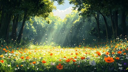 Fototapeta premium forest,flower,cute things,light and shadow,can see cloud,illustrations --ar 16:9 --style raw --stylize 400 --v 6.1 Job ID: 1bad8ac7-4390-4792-9320-064f80222803
