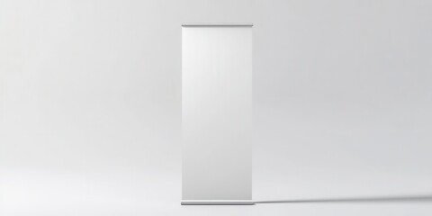 Empty white roll-up banner mockup standing upright on a clean white background, perfect for displaying promotional messages or company branding.