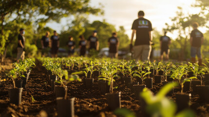 Volunteers planting young seedlings in a community garden at sunset. Teamwork and environmental conservation.