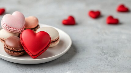 Fototapeta premium Valentine’s day celebration heart-shaped macarons on plate indoor photography soft lighting romantic concept