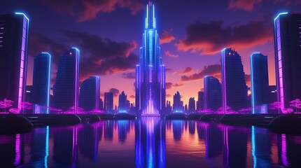 Fototapeta premium Futuristic Neon Cityscape with Sleek Cyberpunk Car and Reflective Skyline, Featuring Vibrant Pink and Blue Lights, Perfect for Sci-Fi Enthusiasts, Urban Photography, and Futuristic Design Inspiration