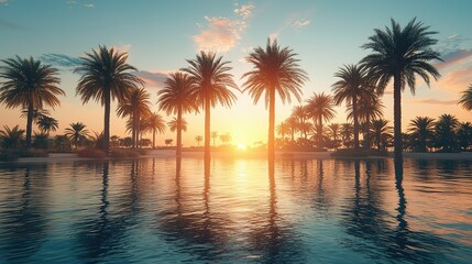 Fototapeta premium Serene sunset over a tranquil water body lined with palm trees.