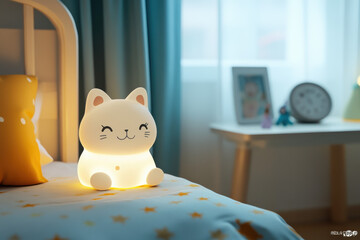 Adorable cat-shaped nightlight illuminates a child's bedroom, casting a warm glow on the bed and creating a calming bedtime atmosphere.