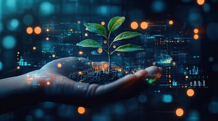 Hand holding a small plant seedling emerging from soil with futuristic digital data background.