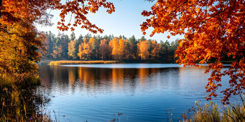 Obraz premium Tranquil Autumn Lake Reflection with Vibrant Foliage : Generative AI