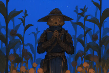 Fototapeta premium mystical wolf in armor stands in serene field of glowing flowers under starry night sky