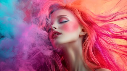 Vivid portrait of a woman surrounded by colorful smoke