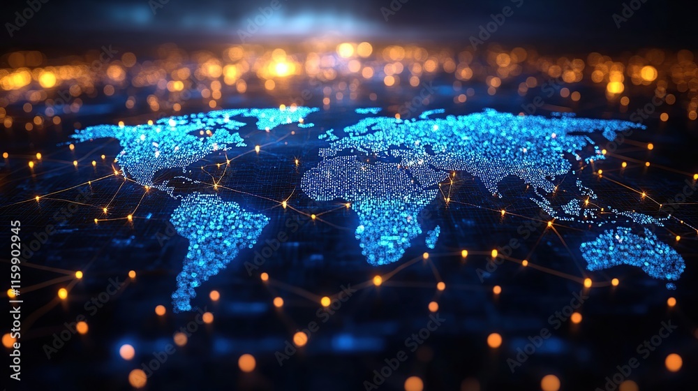 Poster glowing digital world map with interconnected nodes representing global network, communication, and 