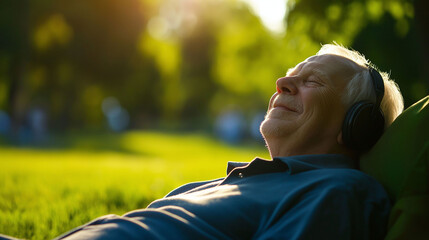 Naklejka premium Senior man relaxing in his garden, listening to music with headphones