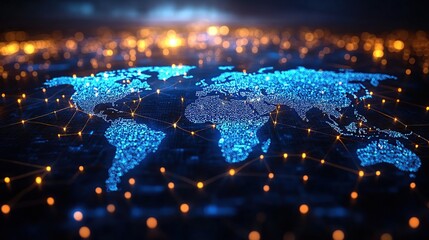 Glowing digital world map with interconnected nodes representing global network, communication, and data flow.