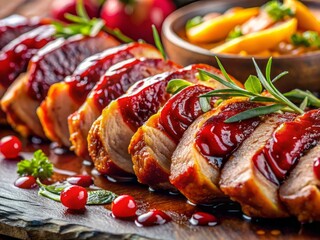 Crispy Roast Duck Slices with Plating Sauces: Close-Up Food Photography