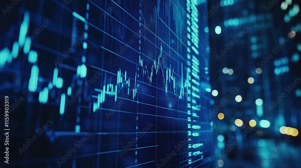 Poster close-up of a large digital screen displaying dynamic stock market data and graphs at night with cit