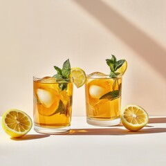Fototapeta premium Sweet iced tea with lemon in a glass. Featuring lemon slices and mint