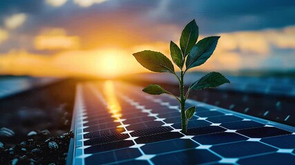 Green plants thrive on solar panels at sunset, showcasing natures beauty and promoting sustainability in energy solutions.
