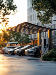 Electric vehicles charging at a modern urban charging station under a solar-powered canopy.