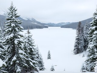 Frozen Lake with mountains and trees