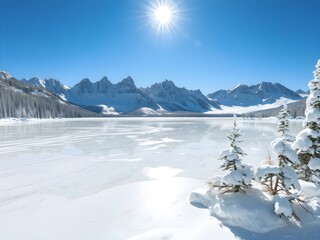 Frozen Lake with mountains and trees