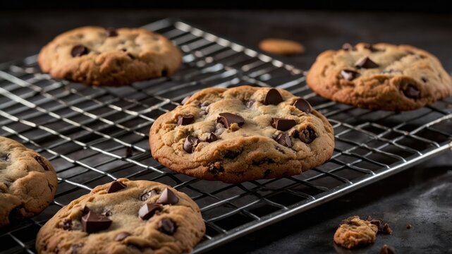Freshly baked chocolate chip cookies cooling on a wire rack.
