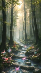 Mystical forest stream with fantasy creatures -  vertical orientation