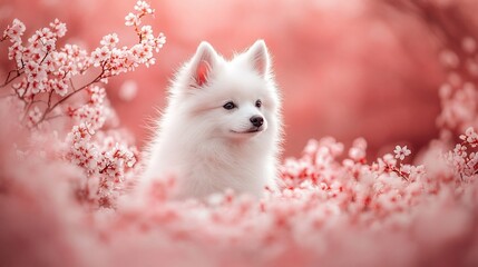 Obraz premium White fluffy puppy in pink cherry blossoms.