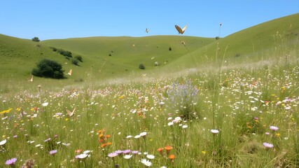 Green meadow with wildflowers and butterflies
