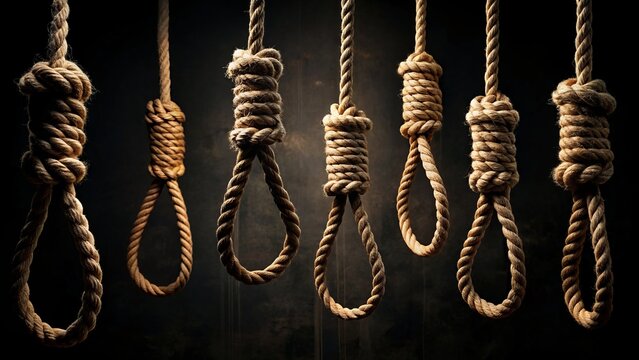 Dark Scary Hanging Nooses Horror Photo - Medium Shot, Black Background, Spooky, Grim, Eerie, Nightmare
