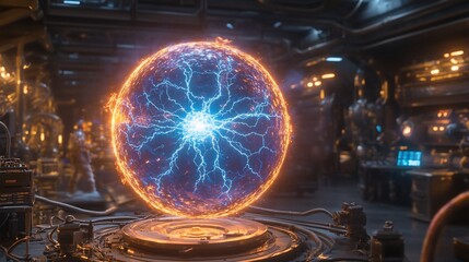Glowing energy sphere in futuristic lab.