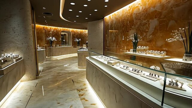 A slow-motion walkthrough of a luxurious jewelry store interior.