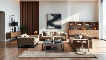Modern Minimalist Living Room AI Photo - Stylish Furniture, Bright Colors, High Quality