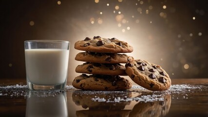 A stack of chocolate chip cookies beside a glass of milk on a reflective surface.