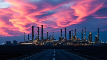 Oil Refinery Dusk - Illuminated Industrial Complex, Vibrant Colors, Cloud Sky