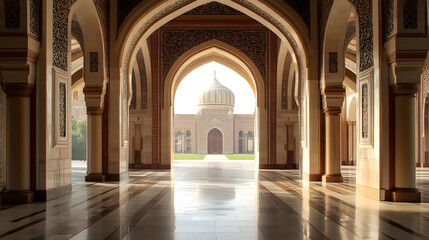 Obraz premium Majestic Islamic Mosque Interior Architecture with Arched Doorway and Sunlit Courtyard : Generative AI