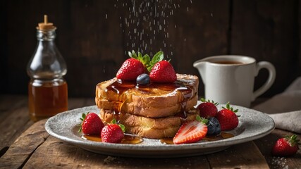 A plate of French toast topped with berries and syrup, served with coffee.