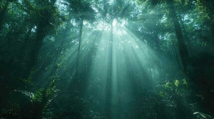 Obraz premium Sunlight filters through a dense forest, creating a serene and mystical atmosphere.