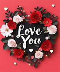 Romantic illustration of a black heart surrounded by vibrant red and white flowers with 'Love You' text on a bold red background