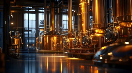 Fototapeta premium A large industrial building with many large tanks and pipes. The tanks are filled with a golden liquid