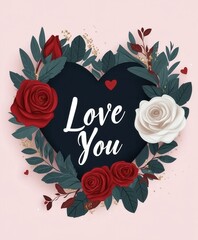Elegant Valentine's heart design with roses and 'Love You' text on soft pink background