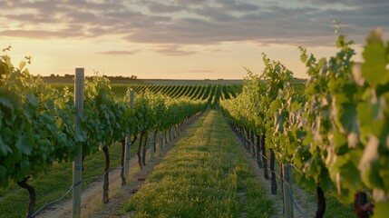 Vineyard rows at sunset.