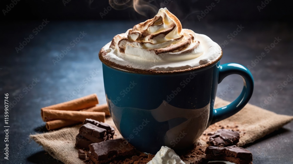 Wall mural A steaming cup of hot chocolate topped with whipped cream, surrounded by chocolate and cinnamon.