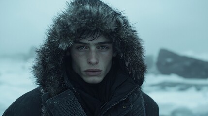 Young man in fur-lined hood, snowy landscape.
